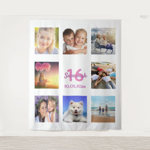 Sweet 16 custom photo collage white pink tapestry