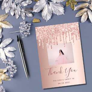Sweet 16 custom photo rose gold pink glitter glam thank you card