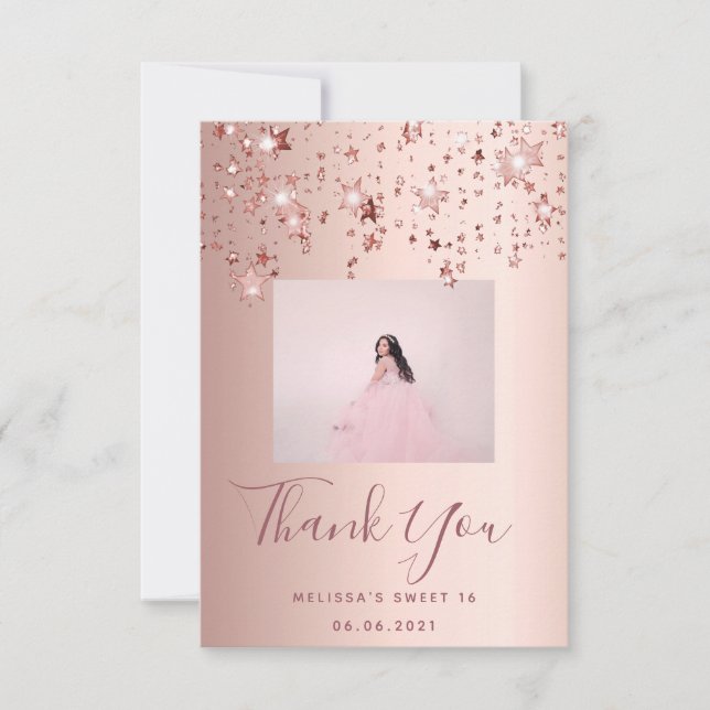 Sweet 16 custom photo rose gold pink stars thank you card (Front)