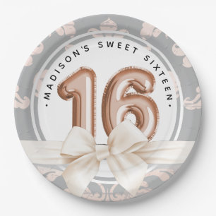 Sweet 16 Damask Rose gold Balloons Birthday Paper Plate