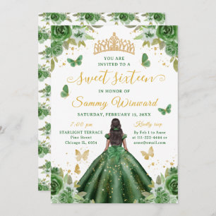 Sweet 16 Dark Green Princess African American Girl Invitation