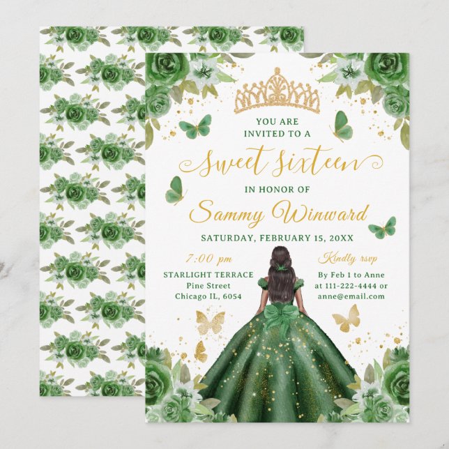 Sweet 16 Dark Green Princess African American Girl Invitation (Front/Back)