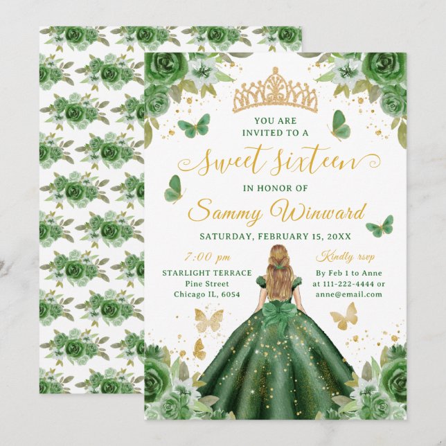 Sweet 16 Dark Green Princess Blonde Girl Invitation (Front/Back)