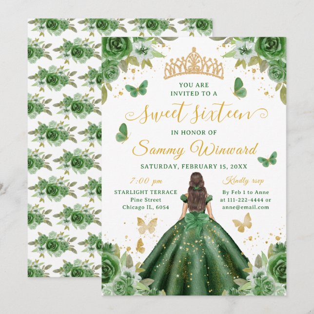 Sweet 16 Dark Green Princess Brunette Girl Invitation (Front/Back)