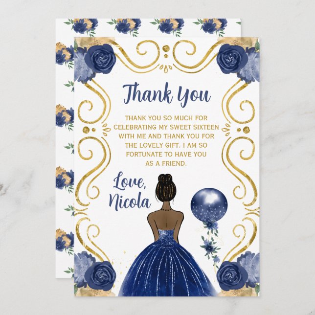 Sweet 16 Dark Skin Princess Navy  Thank You Card (Front/Back)