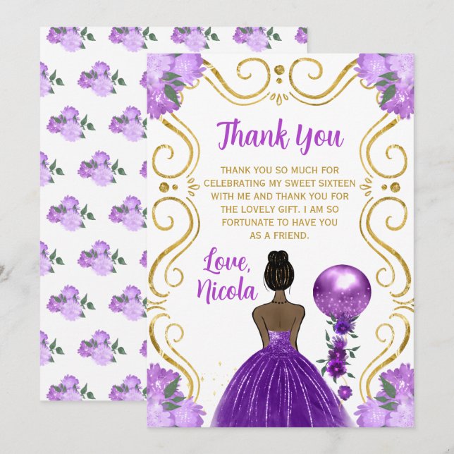 Sweet 16 Dark Skin Princess Purple Happy Birthday Thank You Card (Front/Back)