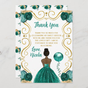Sweet 16 Dark Skin Princess Teal  Thank You Card