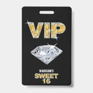 Sweet 16 Diamond Black Gold VIP Pass ID Badge
