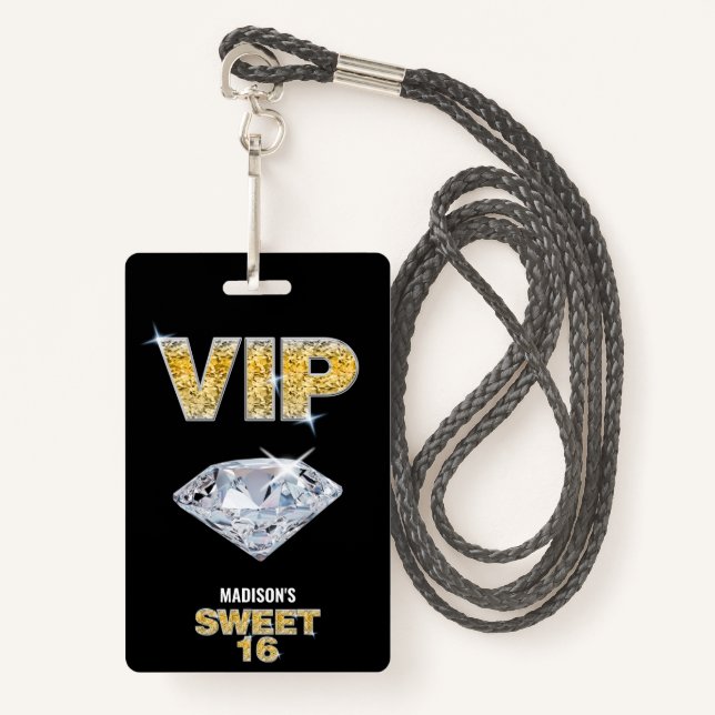 Sweet 16 Diamond Black Gold VIP Pass ID Badge (Front with Lanyard)