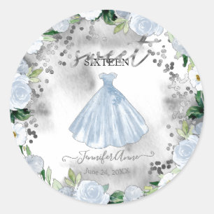Sweet 16 Dusty Blue Floral Dress Classic Round Sticker