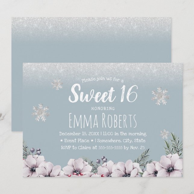 Sweet 16 Dusty Blue Winter Floral Snowflakes Invitation (Front/Back)