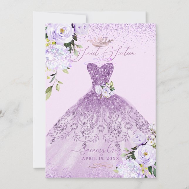 Sweet 16 Dusty Lilac Purple Silver Glitter Gown Invitation (Front)
