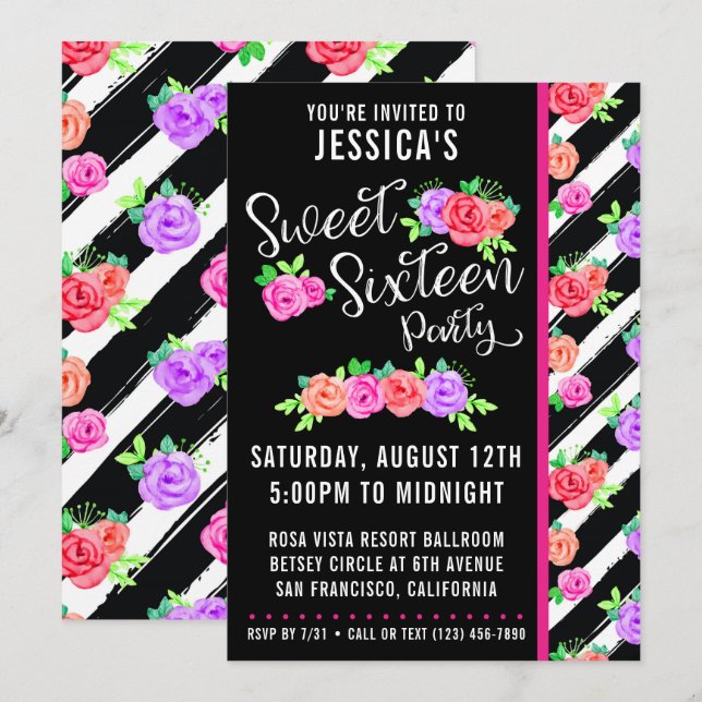 Sweet 16 Edgy Roses & Modern Stripes Invitation (Front/Back)