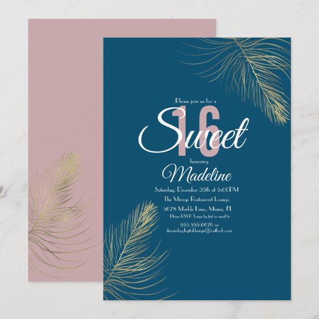 Sweet 16 Elegant Blush Pink Blue Gold Feather Invitation (Front/Back)