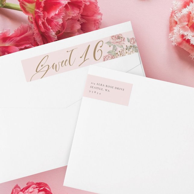  Sweet 16 Elegant Gold Glitter Peony Florals Pink Wrap Around Label (Creator Uploaded)
