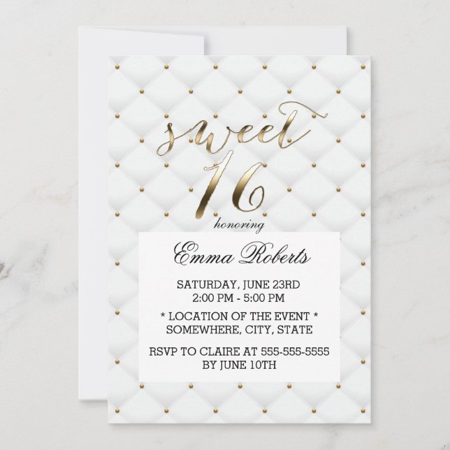 Sweet 16 Elegant Gold & White Quilts Invitation (Front)