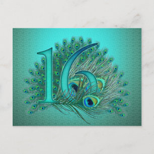 Sweet 16 elegant peacock feather template postcard