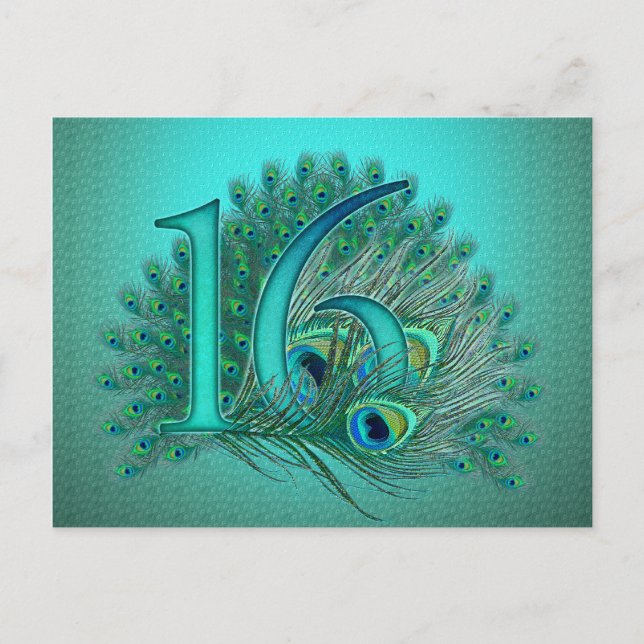 Sweet 16 elegant peacock feather template postcard (Front)