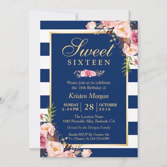 Sweet 16 Elegant Pink Floral Navy Blue Stripes Invitation (Front)