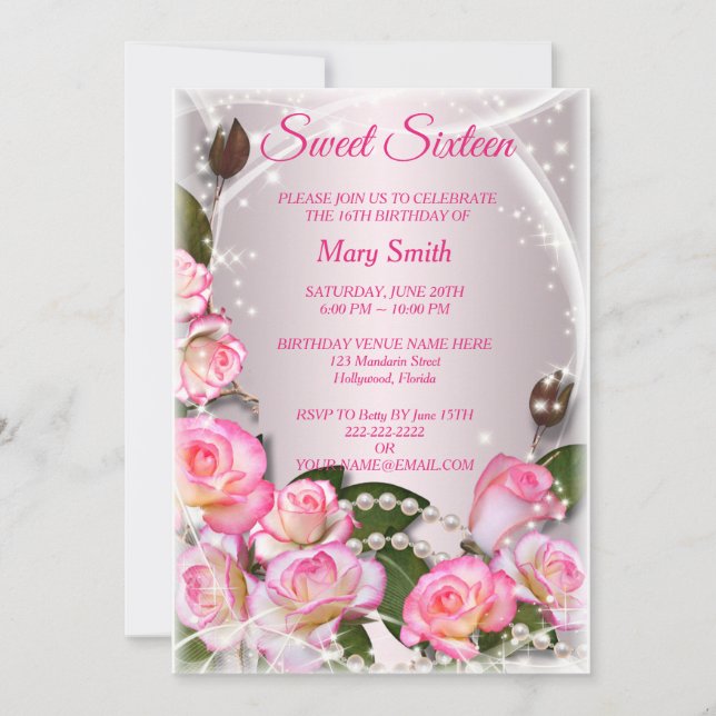 Sweet 16 Elegant Pink Roses Birthday Invitation (Front)