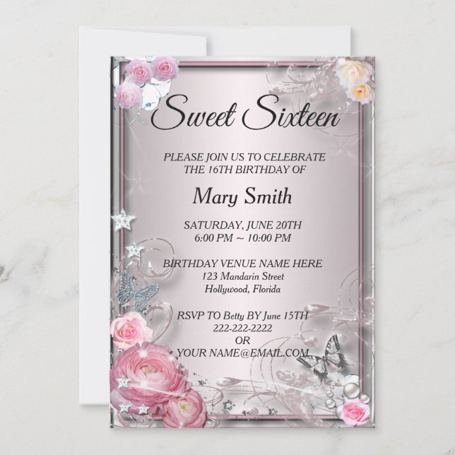 Sweet 16 Elegant Pink Roses Butterfly Birthday Invitation (Front)