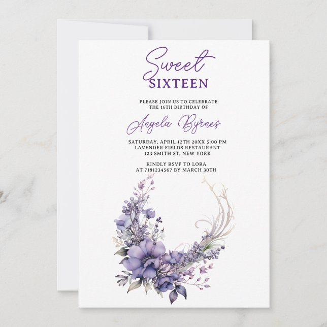 Sweet 16 Elegant Purple Floral Wreath Watercolor  Invitation (Front)