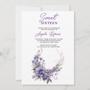 Sweet 16 Elegant Purple Floral Wreath Watercolor  Invitation