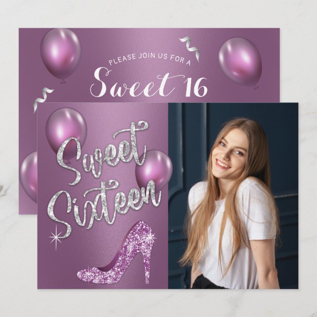 Sweet 16 Elegant Purple Photo Girl 16th Birthday Invitation (Front/Back)