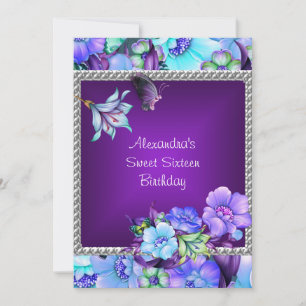Sweet 16 Elegant Purple Silver Jewel Flowers Invitation