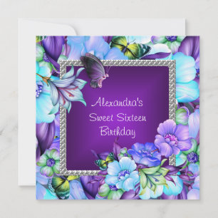 Sweet 16 Elegant Purple Silver Jewel Flowers Invitation