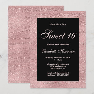 Sweet 16  Elegant Rose Gold Black Birthday Party Invitation