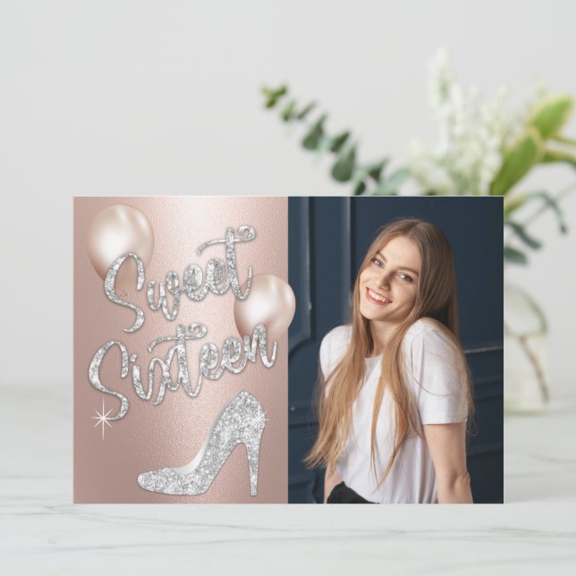 Sweet 16 Elegant Rose Gold & Silver Photo Birthday Invitation (Standing Front)