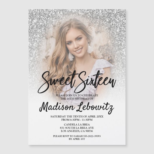 Sweet 16 Elegant Silver & White Magnetic Invite (Front)