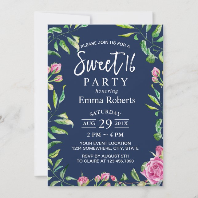 Sweet 16 Elegant Watercolor Floral Navy Blue Invitation (Front)