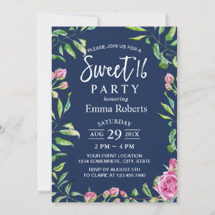 Sweet 16 Elegant Watercolor Floral Navy Blue Invitation