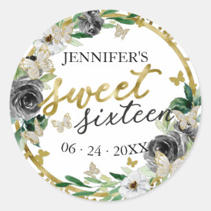 Sweet 16 Emerald Black Gold Floral Butterfly Classic Round Sticker