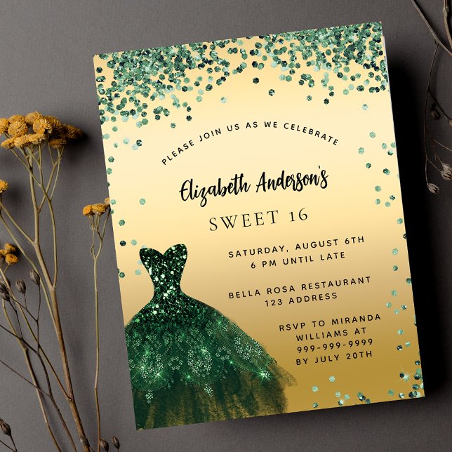 Sweet 16 emerald green dress budget invitation (Creator Uploaded)