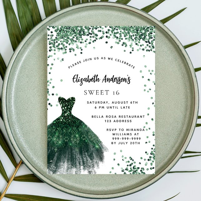 Sweet 16 emerald green dress glitter luxury invitation (Creator Uploaded)