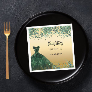 Sweet 16 emerald green dress gold napkin