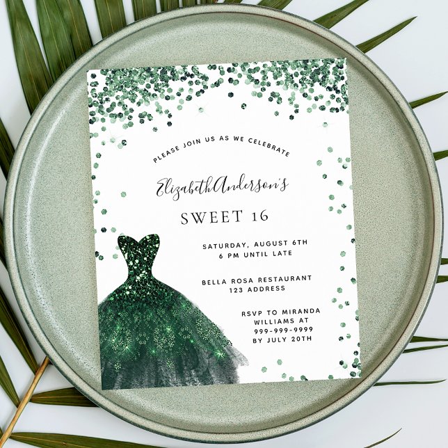 Sweet 16 emerald green dress invitation (Creator Uploaded)