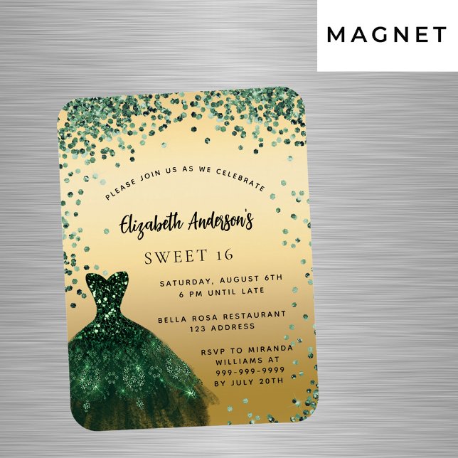 Sweet 16 emerald green dress luxury invitation magnet (Creator Uploaded)