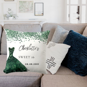 Sweet 16 emerald green dress white name cushion