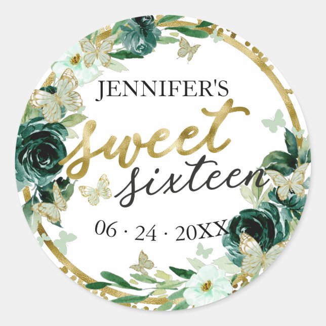 Sweet 16 Emerald Green Floral Butterfly  Classic Round Sticker (Front)