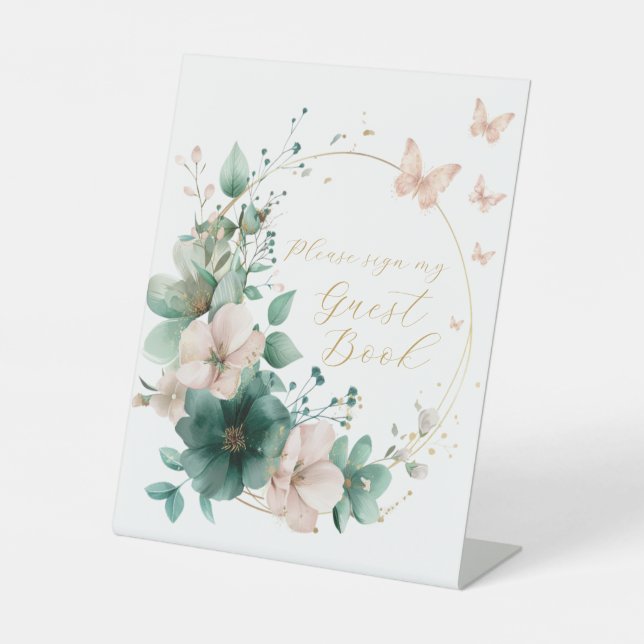 Sweet 16 Emerald Green Floral Thank You Cards Pedestal Sign (Front)