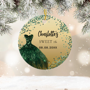 Sweet 16 emerald green gold dress ceramic tree decoration