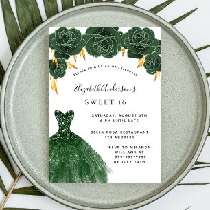 Sweet 16 emerald green gold dress floral invitation
