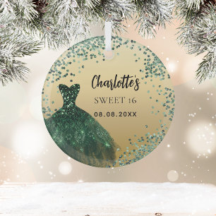Sweet 16 emerald green gold dress glass tree decoration