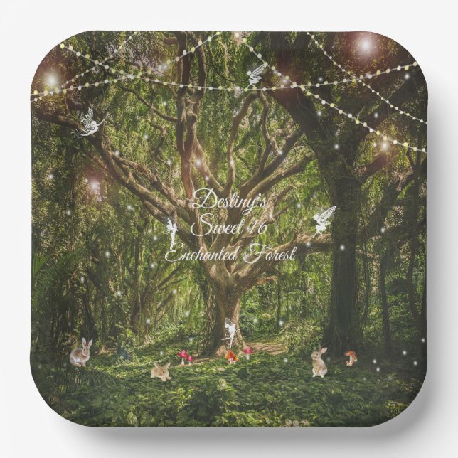 Sweet 16 Enchanted Forest Bunnies Fairies Lights  Paper Plate (Front)