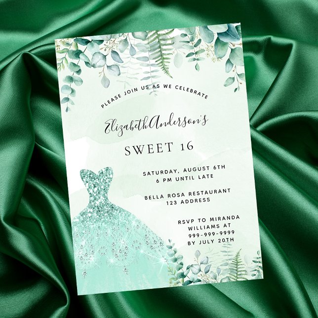 Sweet 16 enchanted forest greenery dress invitation (Creator Uploaded)