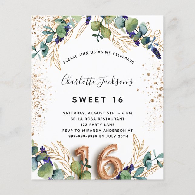Sweet 16 eucalyptus greenery budget invitation flyer (Front)